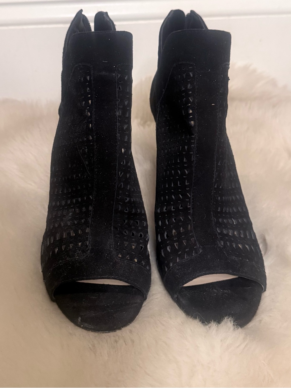 Vince Camuto Black Suede Perforated Peep-Toe Booties – Size 9